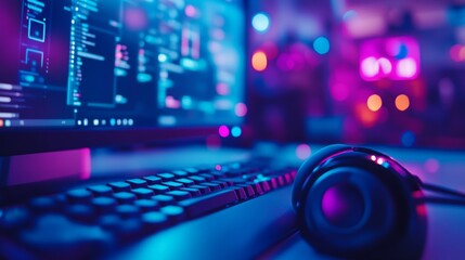 Gaming Setup with Keyboard  Headphones and Neon Lights