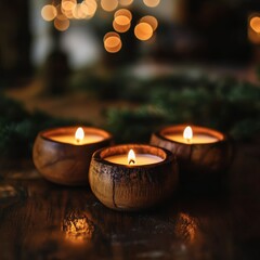 candles arranged on a wooden log for decoration
