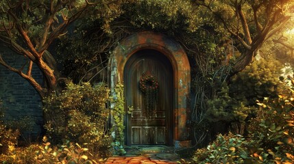 Fototapeta premium Behind a plain unassuming door in an ordinary suburban house lies a labyrinthine network of underground tunnels each leading to a different fantastical realm.