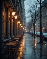 Fototapeta premium A dimly lit street lined with café tables and glowing lampposts, reflecting softly on the wet pavement under a dusky evening sky.