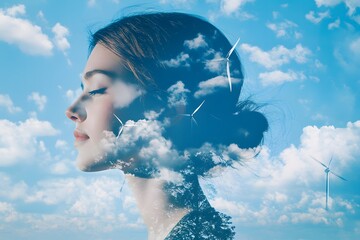 Dreamy Portrait with Clouds and Wind Turbines