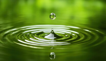 水滴が静かな緑の水面に落ち、波紋を広げる幻想的な自然の瞬間
