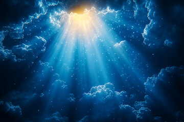 Fototapeta premium White Spotlight shining through clouds in a blue sky, with a magical, dramatic, and enchanted glow, for overlay and screen filter 