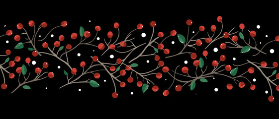 Christmas berry garland horizontal banner, black background. Holly, pine twigs, red berries. Winter nature design, vector illustration