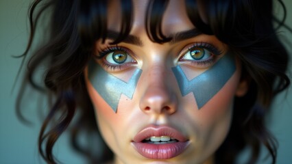 Close-up portrait with bold silver tape art around the eyes, highlighting a striking fashion look and artistic expression.