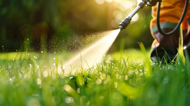 A gardener spraying pesticide on a green lawn outdoors for pest control. Grass care.