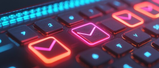 Close-up of a keyboard with vibrant LED lights, showcasing illuminated keys in pink and blue.