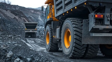 Obraz premium Oversized mining dump truck on a coal haul road, showcasing its powerful size and heavy-duty construction. The truck is driving on a dirt road, hauling a large load of coal. Its massive tires and pow