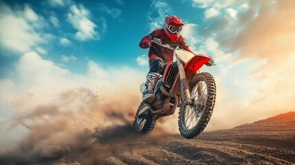 Biker riding motorbike over wild road background