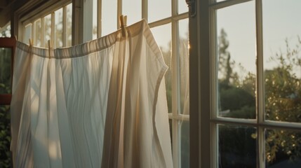 Soft, sunlit curtains gently sway by an open window, blending the cozy indoors with the sunshine-filled tranquility of nature outside.