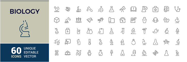 Fototapeta premium Biology icons in linear style. Includes thin line genomics, genome, microscope, line, research, technology and more. Perfect for logos and infographics. Editable stroke. Vector illustration.
