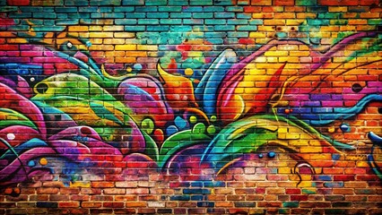 Obraz premium A graffiti-covered brick wall with vibrant spray-painted designs in bold, bright colors, symbolizing street culture and creativity