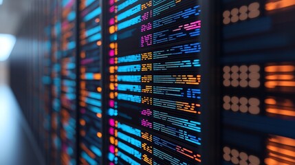 Close-up of colorful digital data transmission on screens, showcasing innovation and technology in information processing.