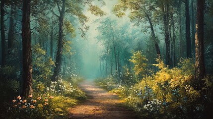 Fototapeta premium A serene forest scene bathed in soft, ethereal light. The path winds through tall trees, their trunks thick and textured, creating a natural frame. Lush greenery blankets the ground, interspersed with