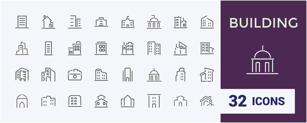 Building line icon collections. Containing house, architecture, supermarket, skyscraper, residential and more. Simple web icons. Editable stroke. Vector illustration.