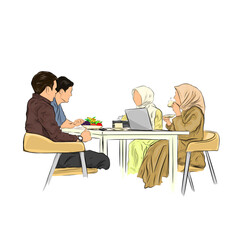 illustration of a man and woman discussing business matters in a restaurant