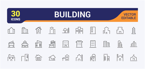 Building line icon collections. Containing house, architecture, supermarket, skyscraper, residential and more. Simple web icons. Editable stroke. Vector illustration.