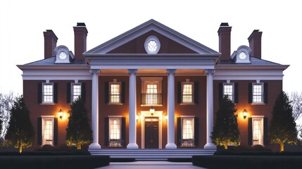 Stately Colonial Home Illuminated at Night