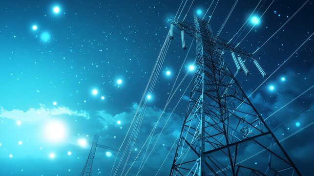 A powerful image of an electrical tower reaching towards the sky, symbolizing the vital role infrastructure plays in powering our lives.  The illuminated sky represents progress, innovation, and a bri