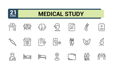 Set of Clinical Study line icons. Containing laboratory, lab, biotech, biochemistry, treatment, medicine, clinical and more. Outline symbol collection. Vector illustration in modern line style.