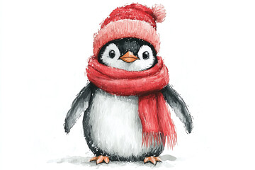 Fototapeta premium Illustration of a penguin wearing a holiday scarf and beanie. Isolated on a white background.