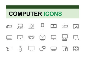 Computer Parts line web icon set. Related to symbol, rom, technology, wire, internet, headphone, webcam, power supply. Outline symbol collection. Editable vector stroke.