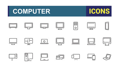 Computer Parts line web icon set. Related to symbol, rom, technology, wire, internet, headphone, webcam, power supply. Outline symbol collection. Editable vector stroke.