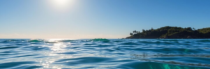 A serene ocean background with clear blue waters and a bright sun shining overhead, creating a tranquil atmosphere, aquatic, calm