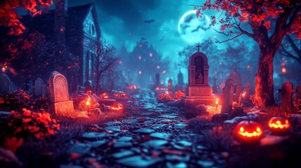 Obraz premium Spooky Halloween Cemetery with Jack o Lanterns Full Moon and Graveyard