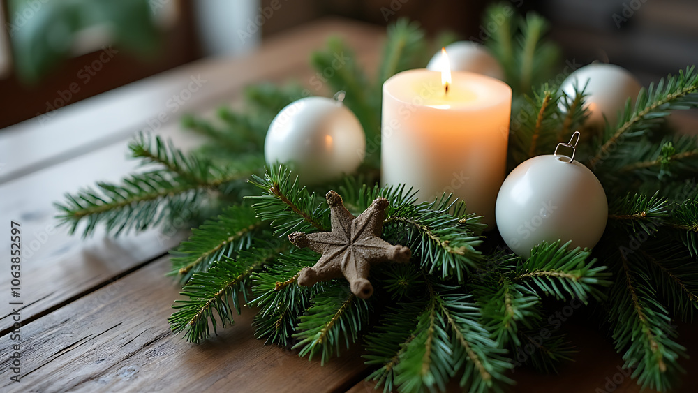 Poster a simple christmas display features pine branches white ornaments and a single lit candle on a rusti