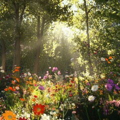 Obraz premium Sunlight streaming in a forest with vibrant flowers