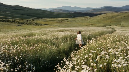 A young girl wanders through a vast field of daisies, surrounded by rolling hills under a light blue sky, evoking innocence and freedom.