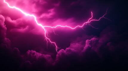 A dramatic image of purple lightning striking through a dark sky with clouds. Symbolizing power, energy, nature, electricity, storm.