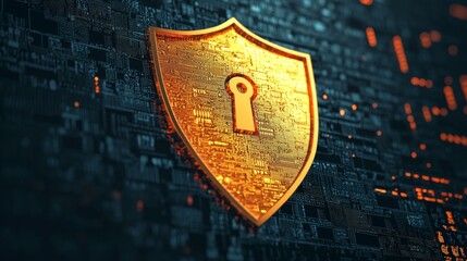 Digital shield symbolizing cybersecurity with a keyhole design, vibrant colors against a data background.