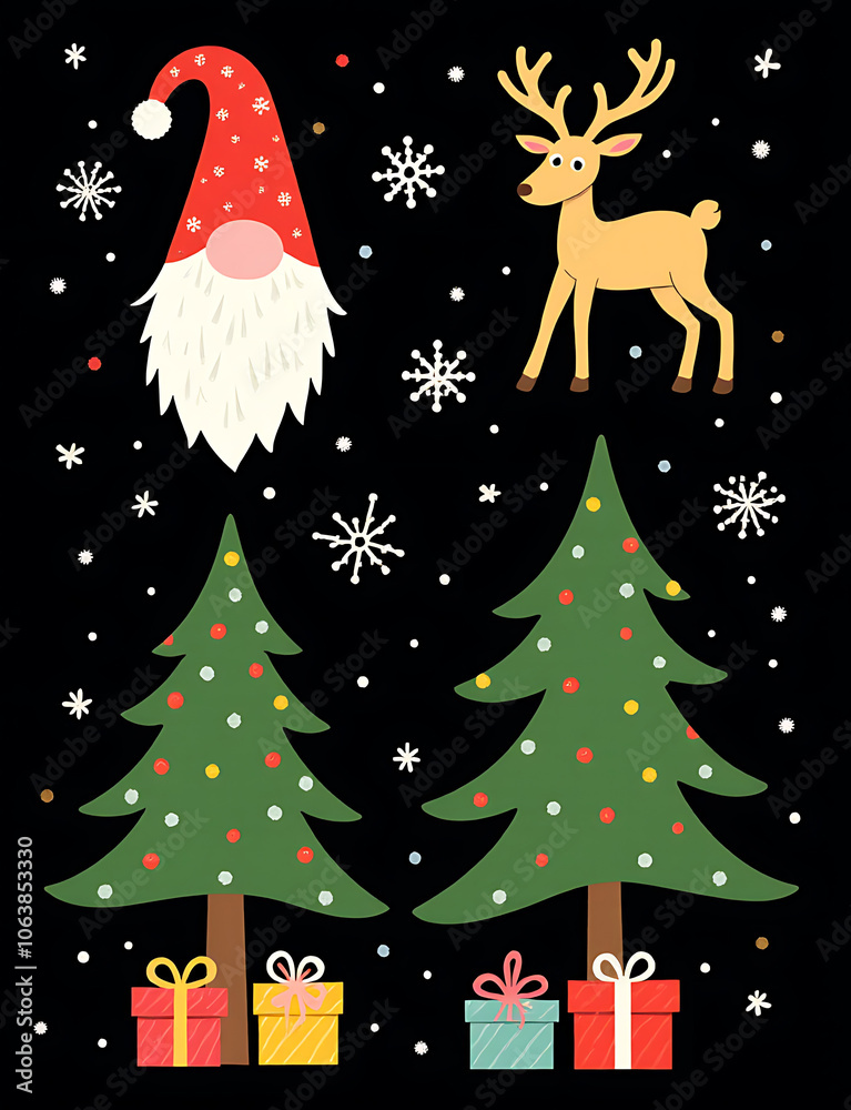 Poster A set of colorful graphic elements features a gnome deer and Christmas trees on a black background with snowflakes and stylized gift boxes