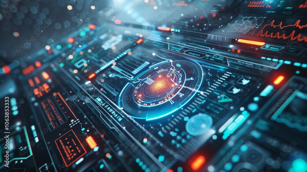 Poster futuristic interface displaying complex data analysis and processing information with holographic ch