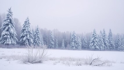 A serene landscape of snow-covered trees and a frozen lake in the midst of winter, snowy, tranquility