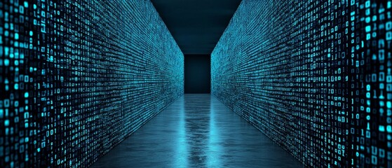 Futuristic corridor with glowing blue binary code on the walls, creating a digital tunnel effect.