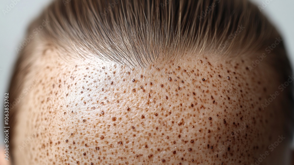 Aufkleber A detailed close-up view highlights the unique texture of skin on a forehead, revealing numerous tiny spots under natural light, indicating specific skin conditions.