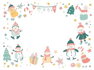 Christmas frame with penguins, snowmen, and festive icons.