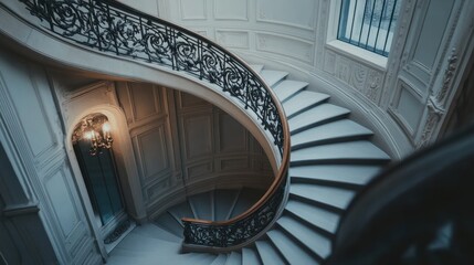 A spiral staircase in a grand, elegant building with intricate wrought iron railings and a chandelier in the background.