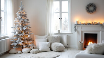 A Scandinavian Christmas interior features a minimalist design scheme incorporating crisp white decor for a stylish holiday ambiance