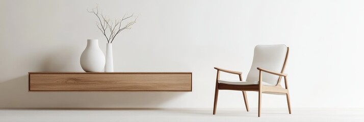 A minimalist living room featuring a wooden shelf, a comfortable white chair, and a simple vase with branches, creating a calm and serene atmosphere.