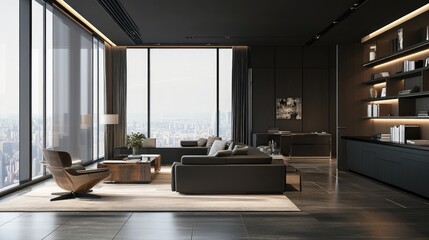 Modern living room with a large window overlooking a cityscape.