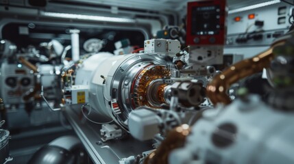 Fototapeta premium Intricate machinery fills the lab, showcasing advanced technology and precision engineering, embodying innovation in a techno-industrial setting.