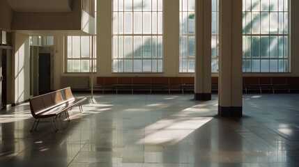 Fototapeta premium Sunlight streams through large windows onto an empty, serene, modern waiting area, casting geometric shadows and highlighting minimalistic benches.