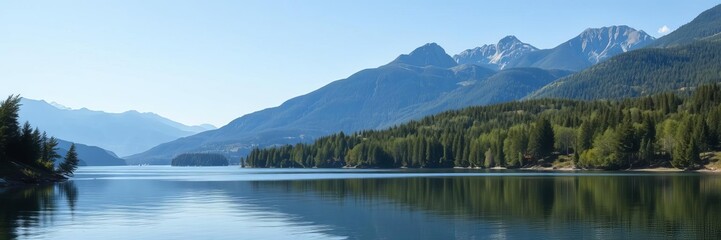 Fototapeta premium A serene lake surrounded by lush greenery and towering mountains reflecting in the still water, scenic, outdoors