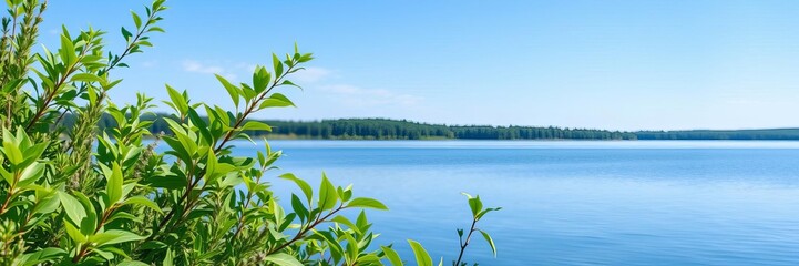 Obraz premium A serene lake surrounded by lush green vegetation reflecting a clear blue sky, calm, serene