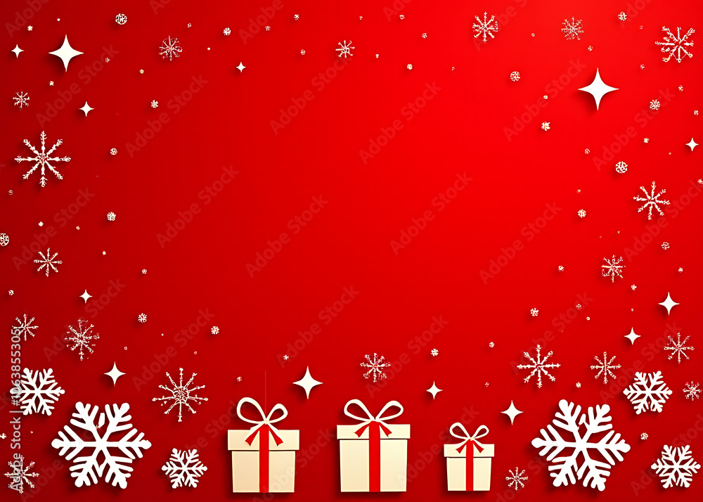 Poster a red christmas card featuring a decorative design of snowflakes stars and gifts all rendered in vec