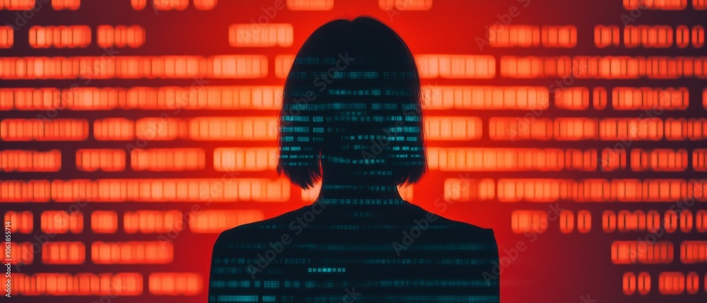 Poster silhouette of a woman against a backdrop of binary code, symbolizing digital connectivity and data a